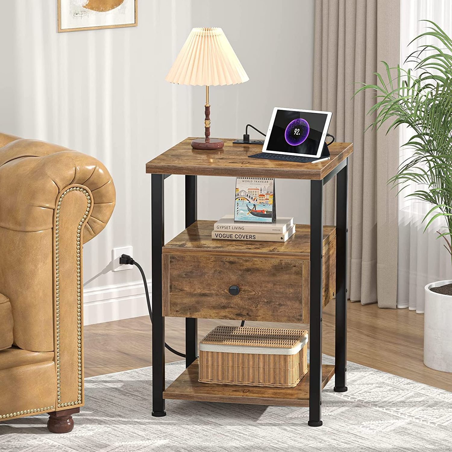 end table nightstand, with USB connection port, with drawer storage shelf, wooden