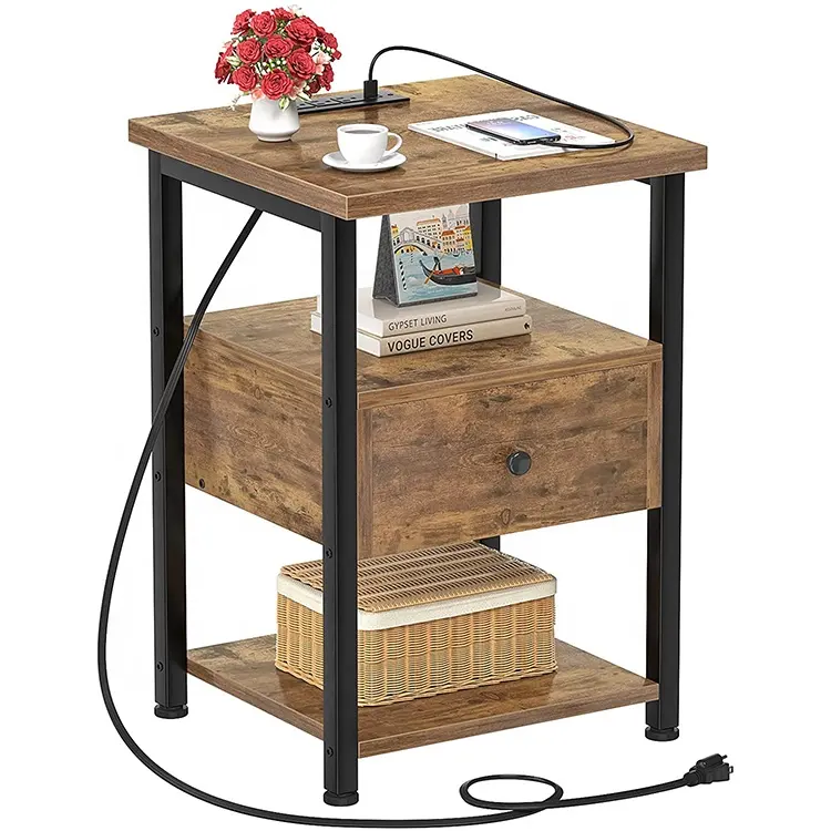 end table nightstand, with USB connection port, with drawer storage shelf, wooden