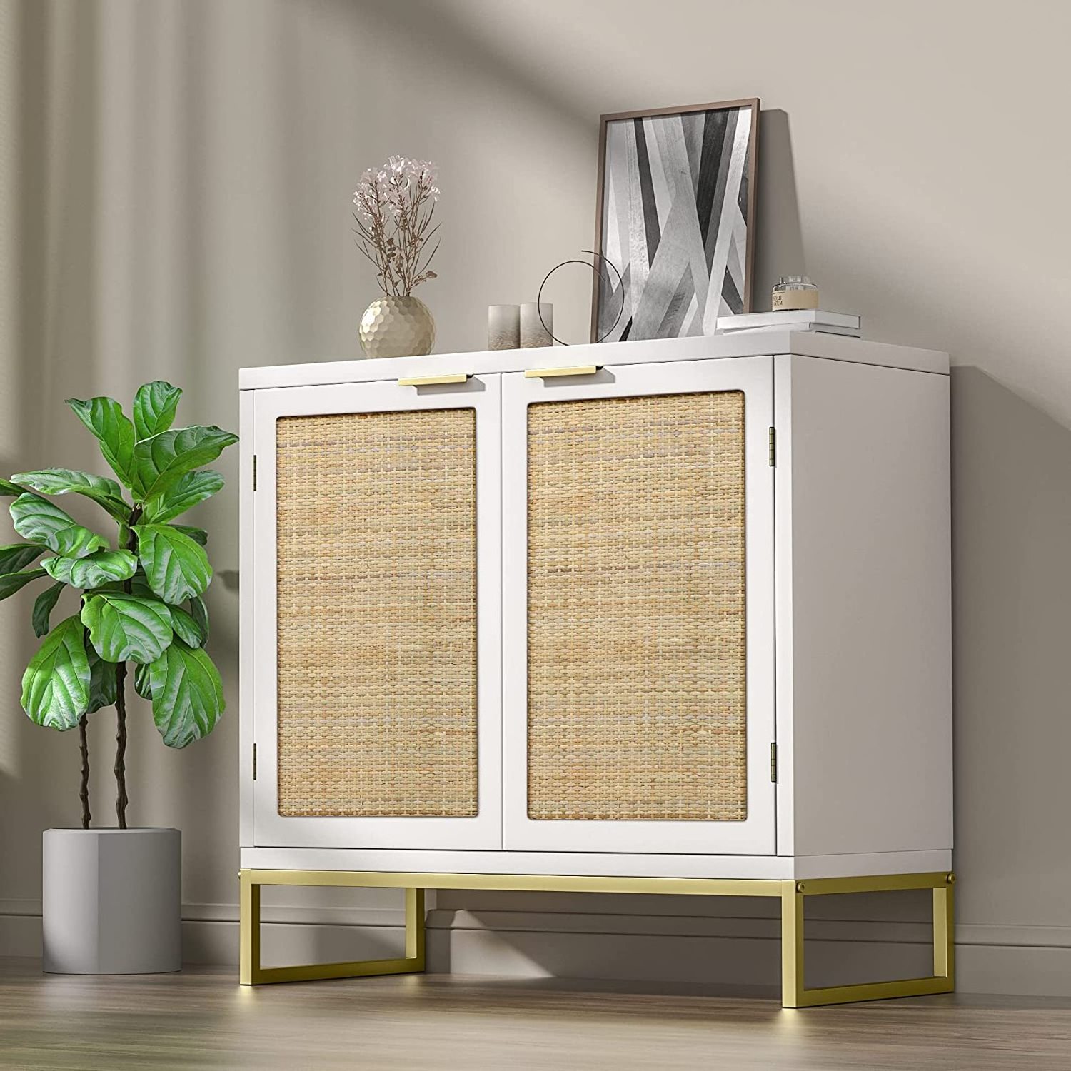 Rattan Cabinet,  Sideboard Buffet Storage Cabinet with 2 Doors Kitchen Sideboard Furniture with Natural Rattan, White