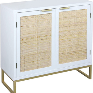 Rattan Cabinet,  Sideboard Buffet Storage Cabinet with 2 Doors Kitchen Sideboard Furniture with Natural Rattan, White