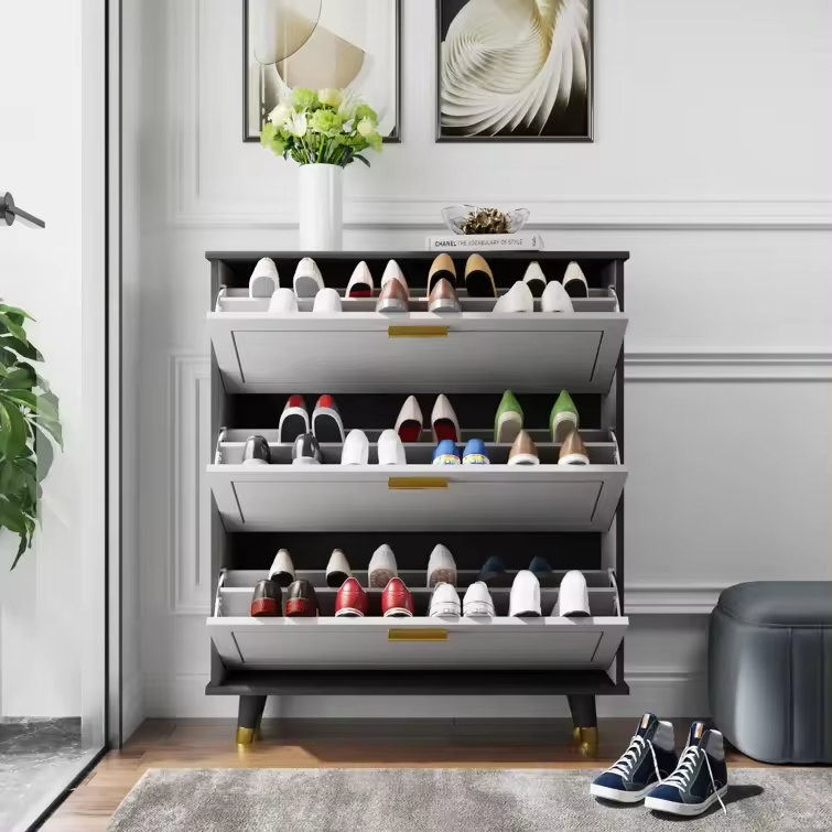 Modern Cabinet,Living Room Cabinets,Modern Narrow White Shoe Cabinet with 3 Flip-Drawers Freestanding Shoe Rack Organizer