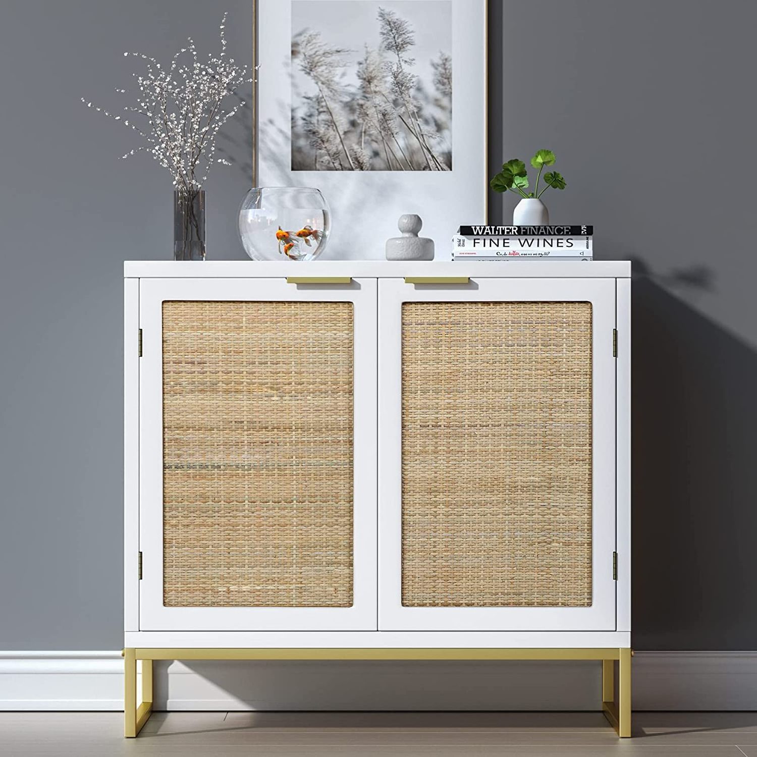 Rattan Cabinet,  Sideboard Buffet Storage Cabinet with 2 Doors Kitchen Sideboard Furniture with Natural Rattan, White