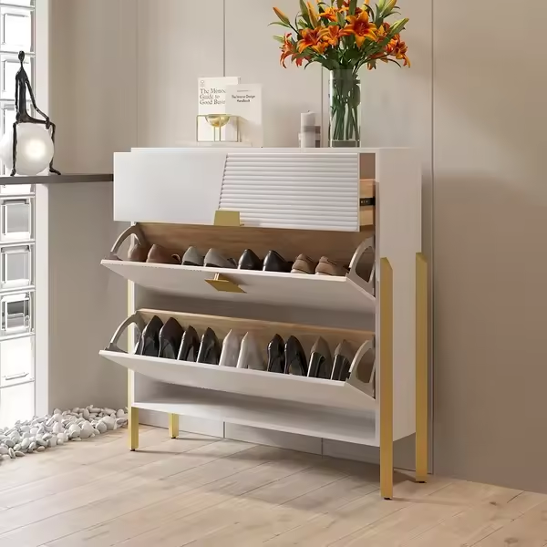 Modern Cabinet,Modern Entryway Shoe Rack White Shoe Storage Cabinet with 2 Flip Doors & 1 Drawer Golden Legs Narrow Shoe Cabinet