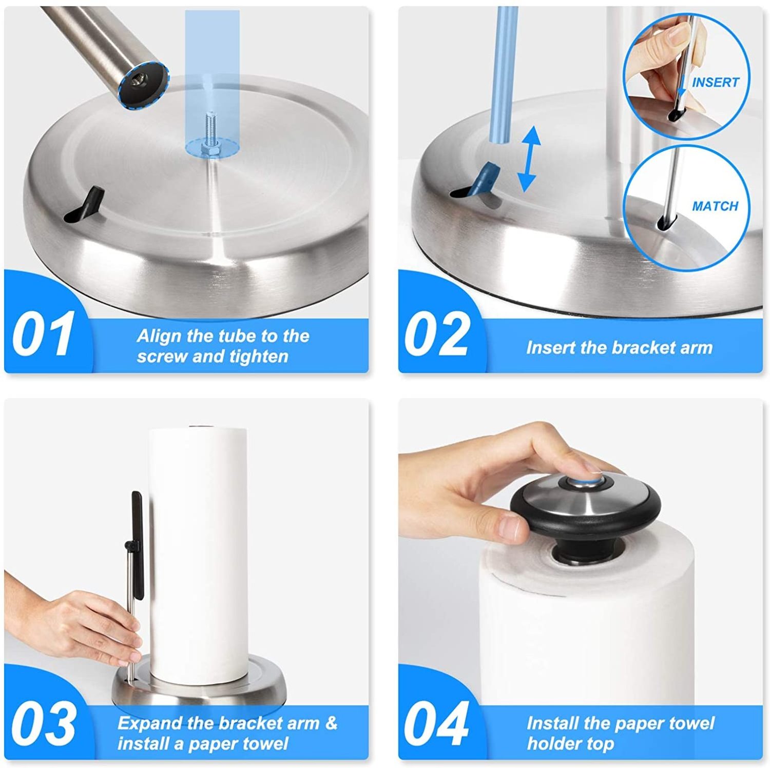 Hot Sale Good Quality Rustproof Stainless Steel Standing Paper Towel Holder With Tension Arm Roll Dispenser For Kitchen