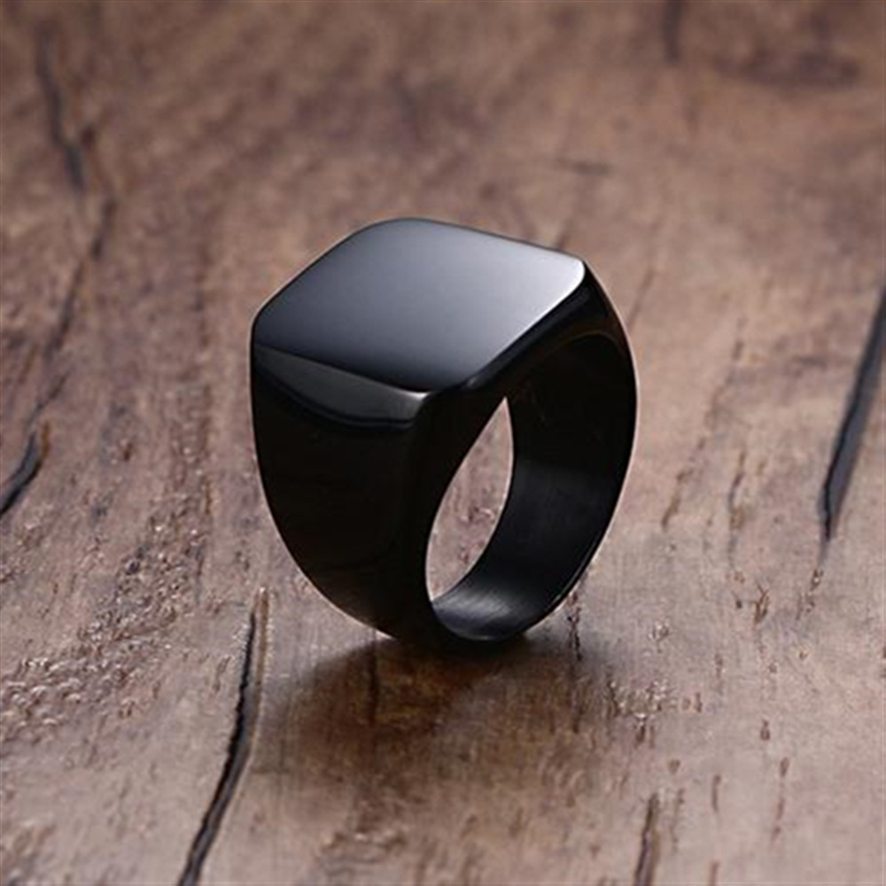 Black Signet Ring Infinity Band Rings Set for Men Stainless Steel Glossy Matte Finish Beveled Polished Edge Comfort