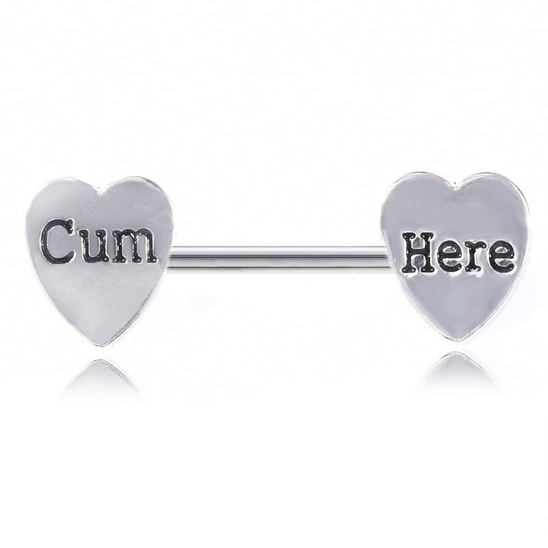 14G Stainless Steel Nipplerings Barbell Heart with Carved Cum Here Nipple Rings Piercing for Women Men in Body Piercing Jewelry