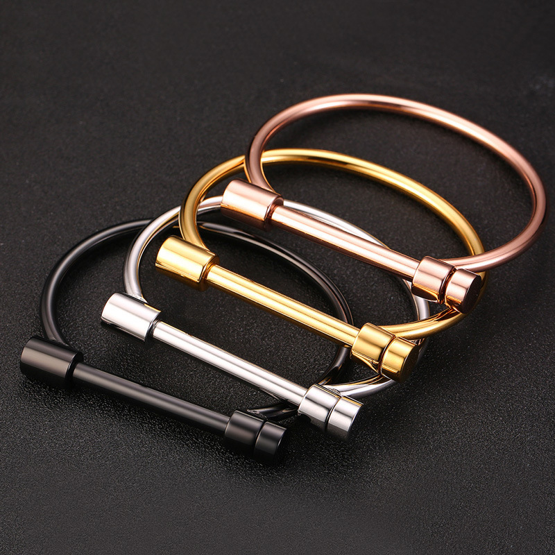 Stylish D Shape Bangle Horseshoe Buckle Bracelets for Women Gold Rose Gold Black Silver Cuff Bracelet