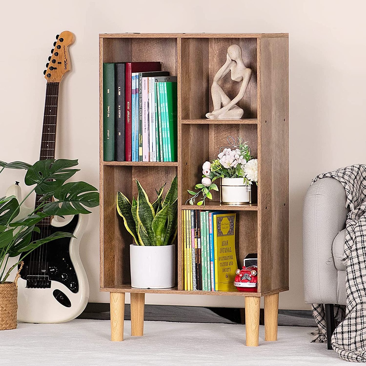 5 Cube Small 3 Tier Modern Wood Bookshelves Storage Organizer Free Standing Narrow Corner Bookcases