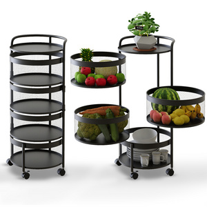 Black Fruit Vegetable Basket Bowls Holder 5 Tier Rotating Storage Rack Cart Wire Basket Organizer with Wheels Kitchen Rack