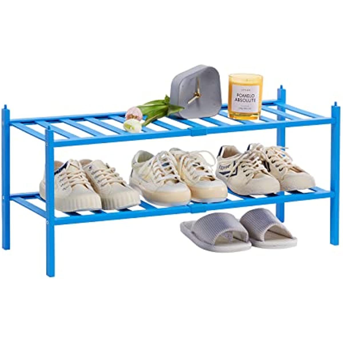 2 Tier Stackable Durable Shoe Shelf Free Standing Shoe Storage Organizer Bamboo Blue Shoe Rack