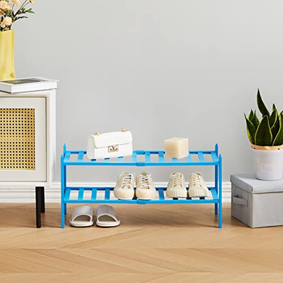 2 Tier Stackable Durable Shoe Shelf Free Standing Shoe Storage Organizer Bamboo Blue Shoe Rack