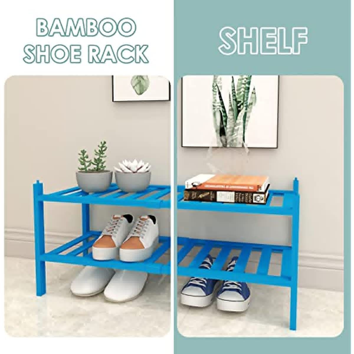 2 Tier Stackable Durable Shoe Shelf Free Standing Shoe Storage Organizer Bamboo Blue Shoe Rack