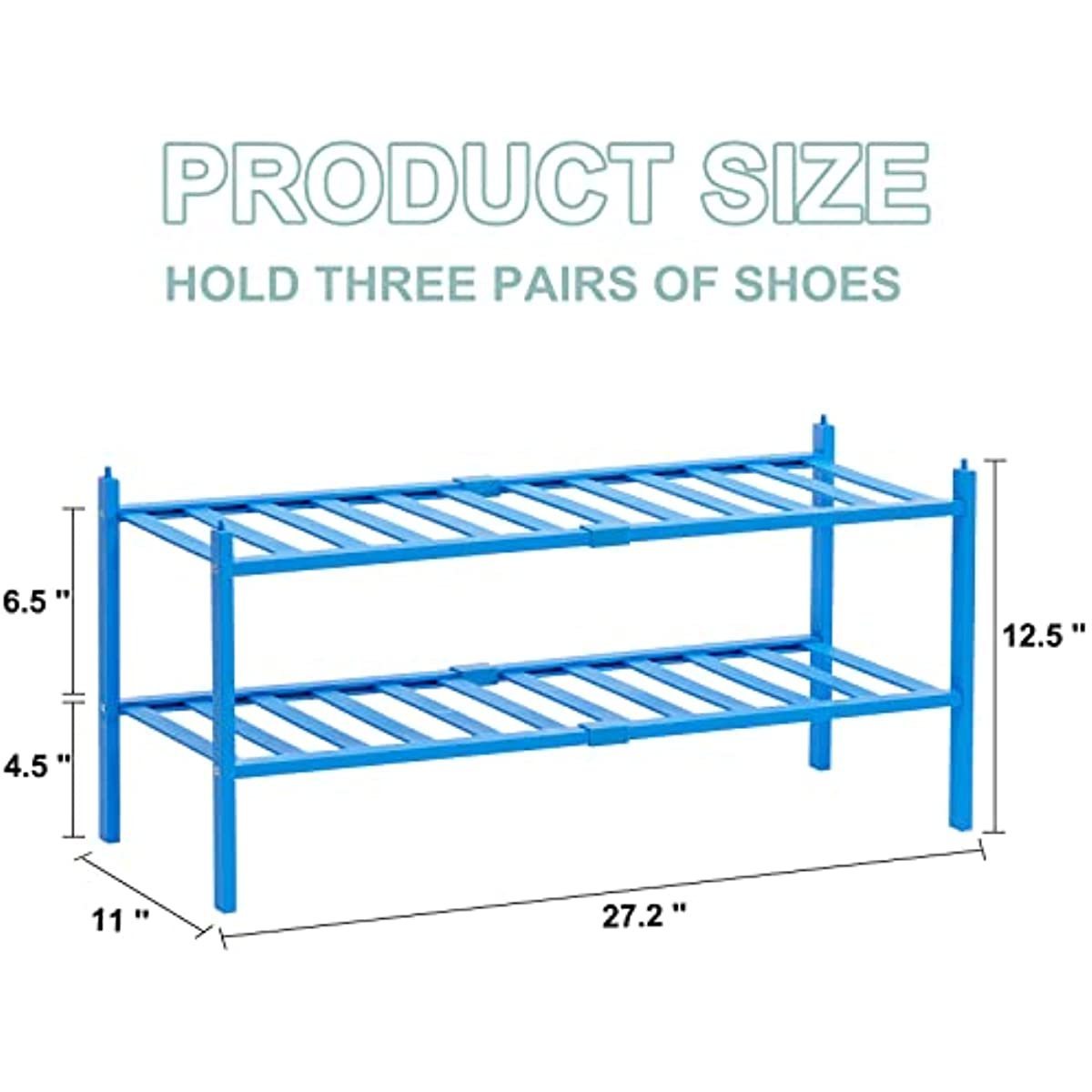 2 Tier Stackable Durable Shoe Shelf Free Standing Shoe Storage Organizer Bamboo Blue Shoe Rack