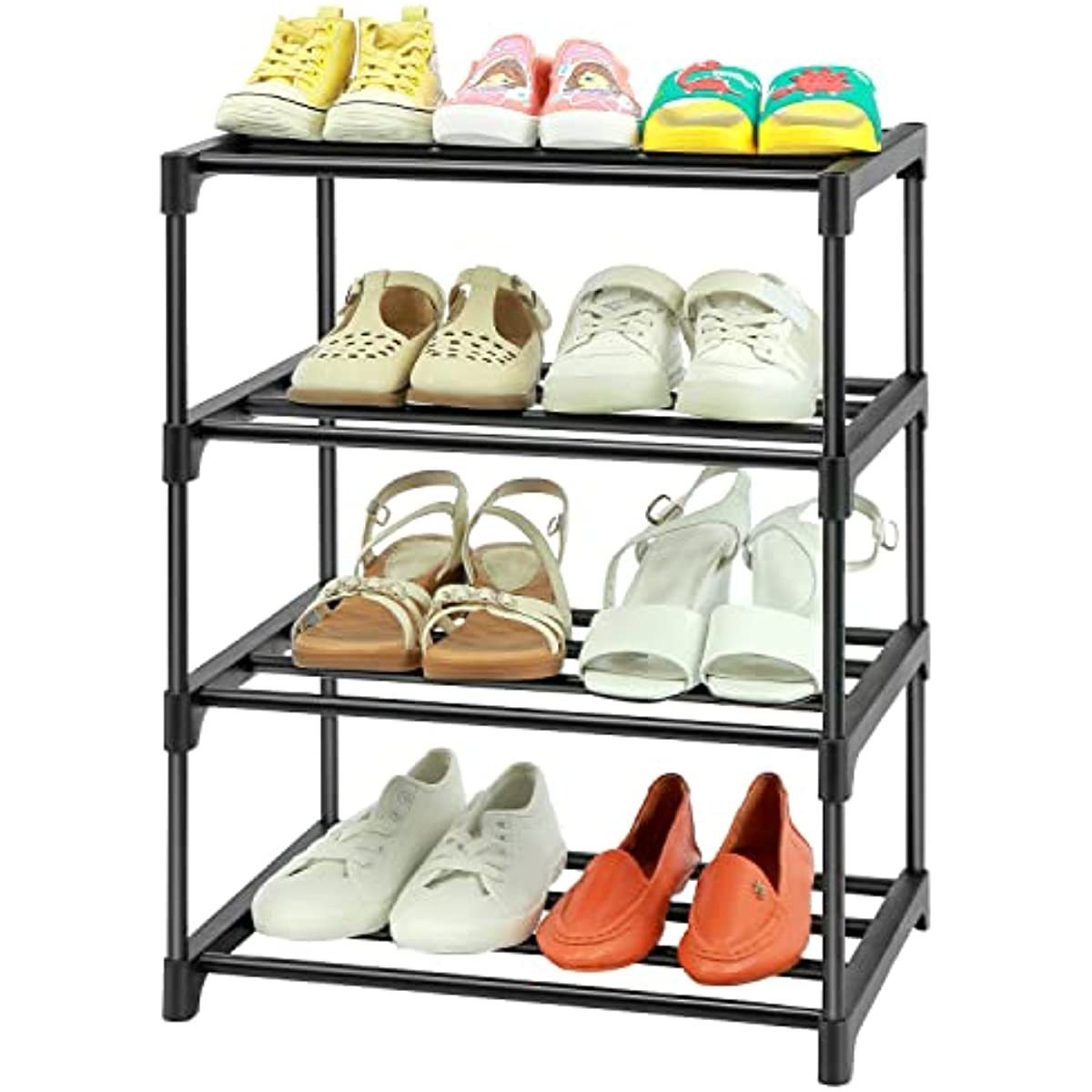 4 Tier Storage Shoe Shelf Organizer Shoes Free Standing Stretchable Black Shoe Rack