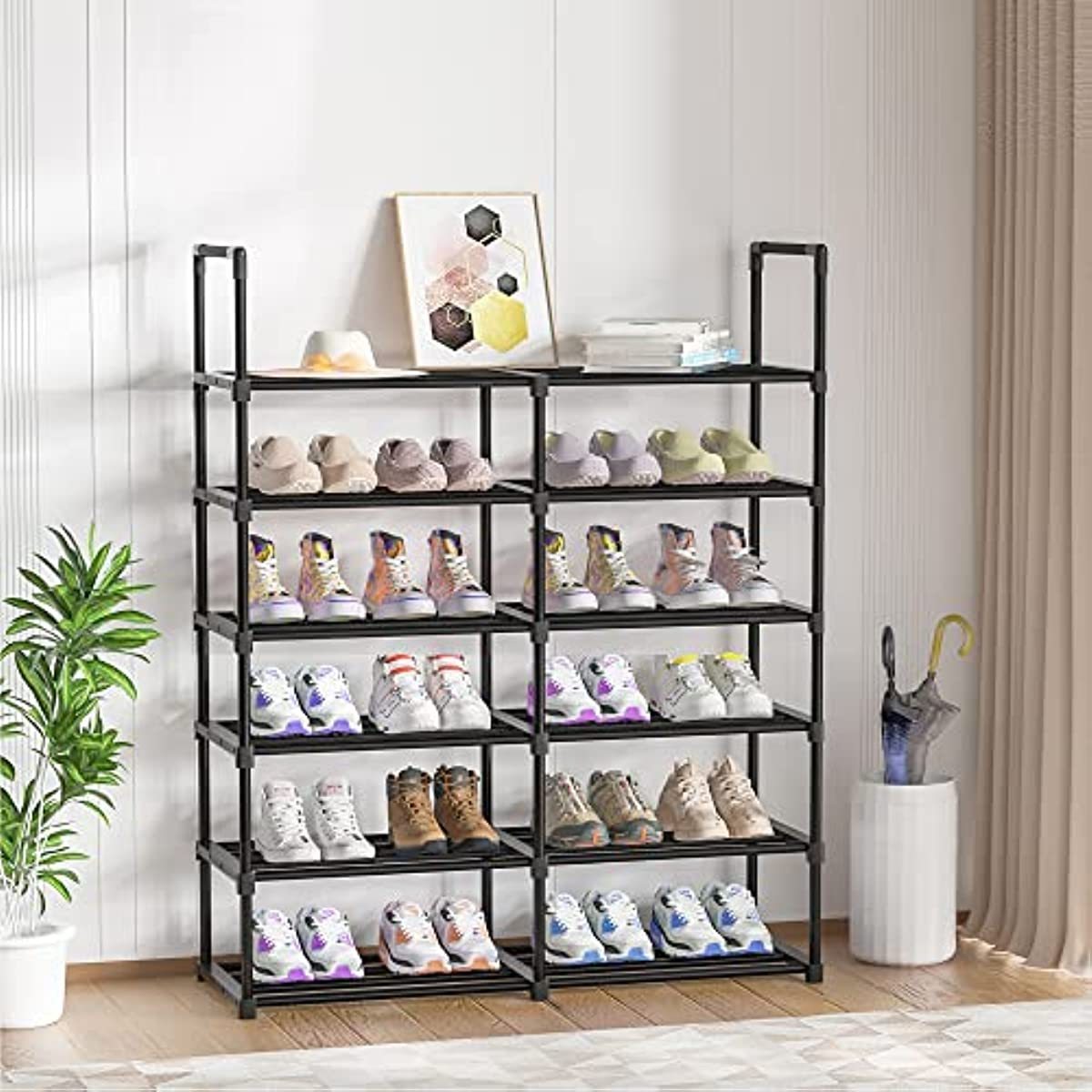 Simple Storage Shoes shelf Free Standing Rack Bedroom Entryway Tall Biserial 6 Tier Black Shoe Rack