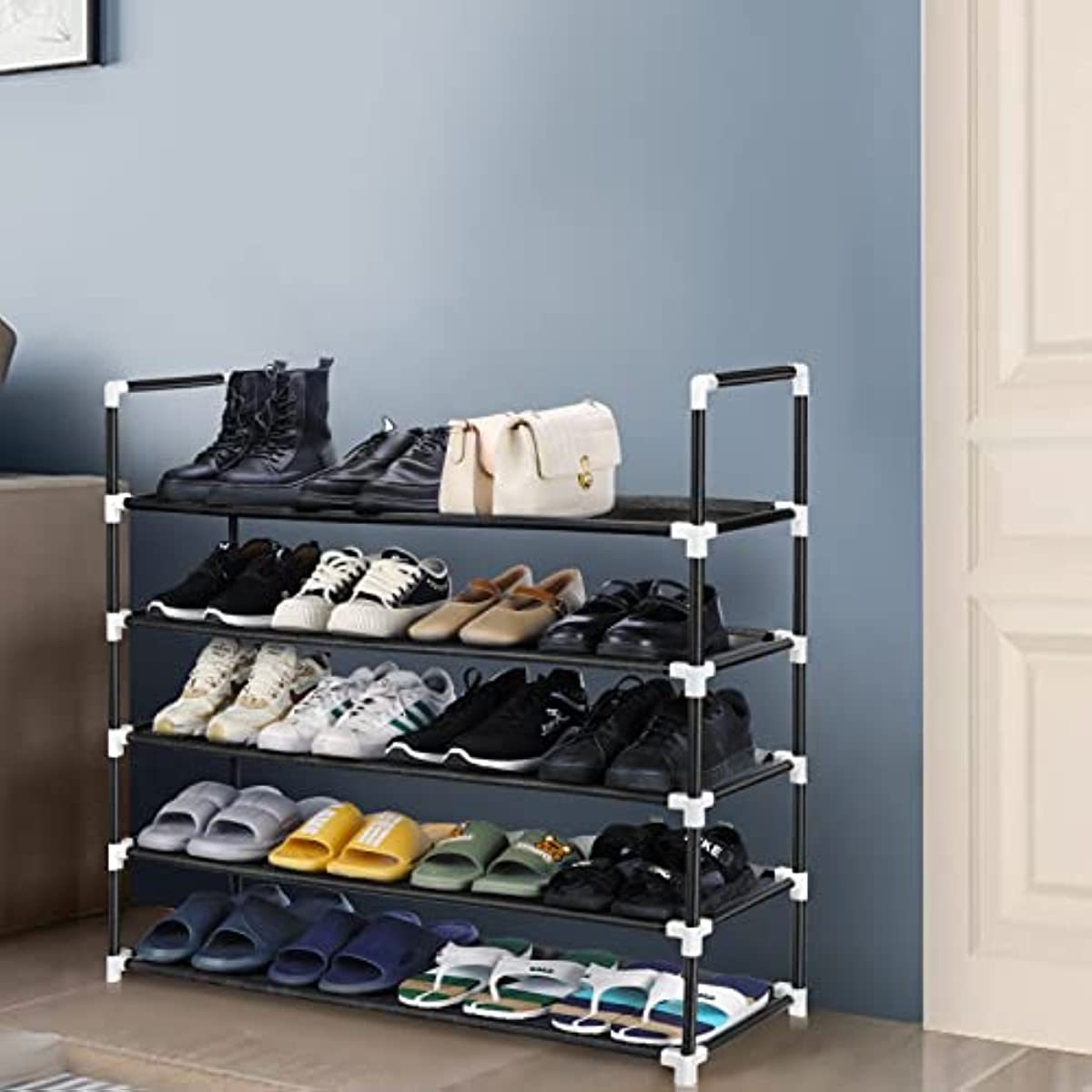 5 Tiers Shoe Black Metal Stackable Organizer Closet Entryway Bedroom Storage Shoe Shelf