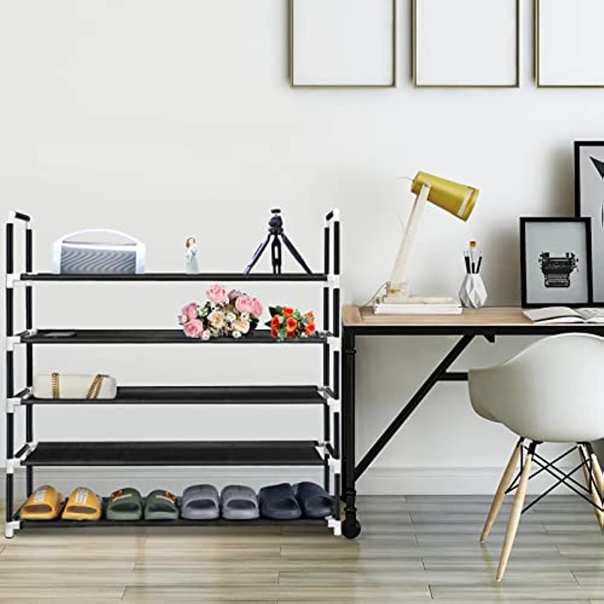 5 Tiers Shoe Black Metal Stackable Organizer Closet Entryway Bedroom Storage Shoe Shelf