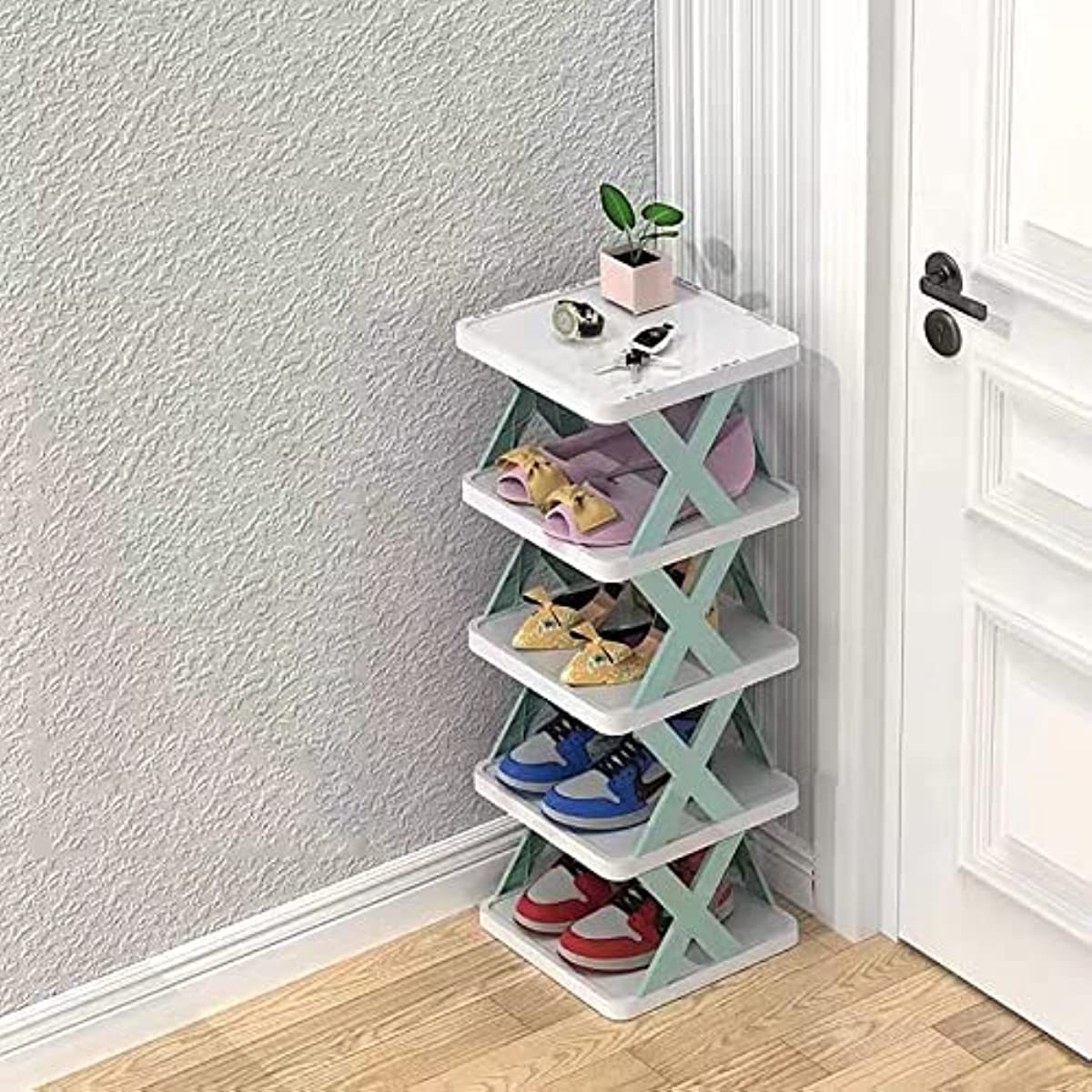 Organizer Closet 6 Tiers Tall Shoe Rack Storage Free Standing Vertical Living Room Bedroom Foldable Plastic Shoe Shelf