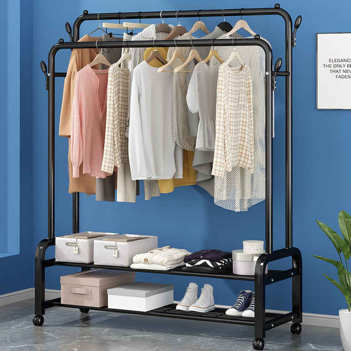 Simple closet home bedroom coat rack hat shoes storage iron rack economic floor single rod single layer coat racks