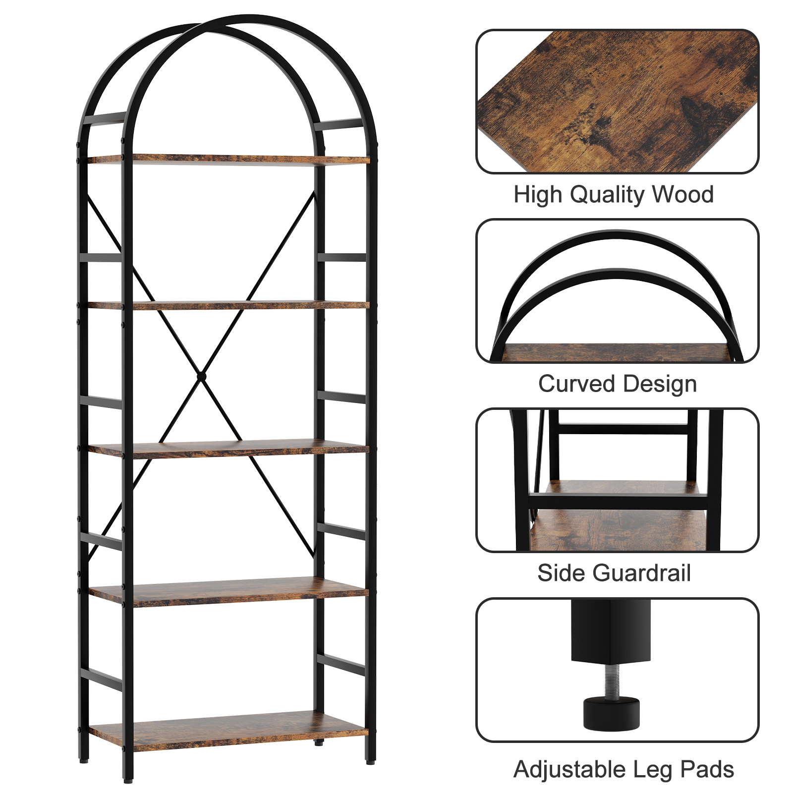 5 Tier Open Bookshelf Arched Bookcase Display Shelf Racks Wooden Storage Shelves Metal Frame Easy Assembly Metal Shelf