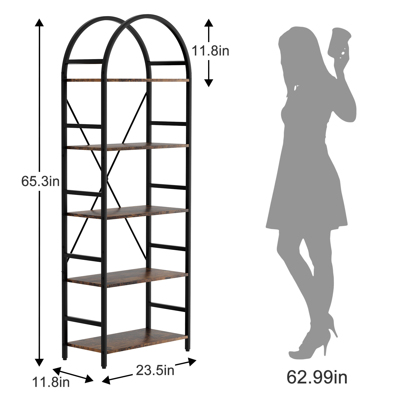 5 Tier Open Bookshelf Arched Bookcase Display Shelf Racks Wooden Storage Shelves Metal Frame Easy Assembly Metal Shelf