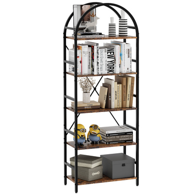 5 Tier Open Bookshelf Arched Bookcase Display Shelf Racks Wooden Storage Shelves Metal Frame Easy Assembly Metal Shelf