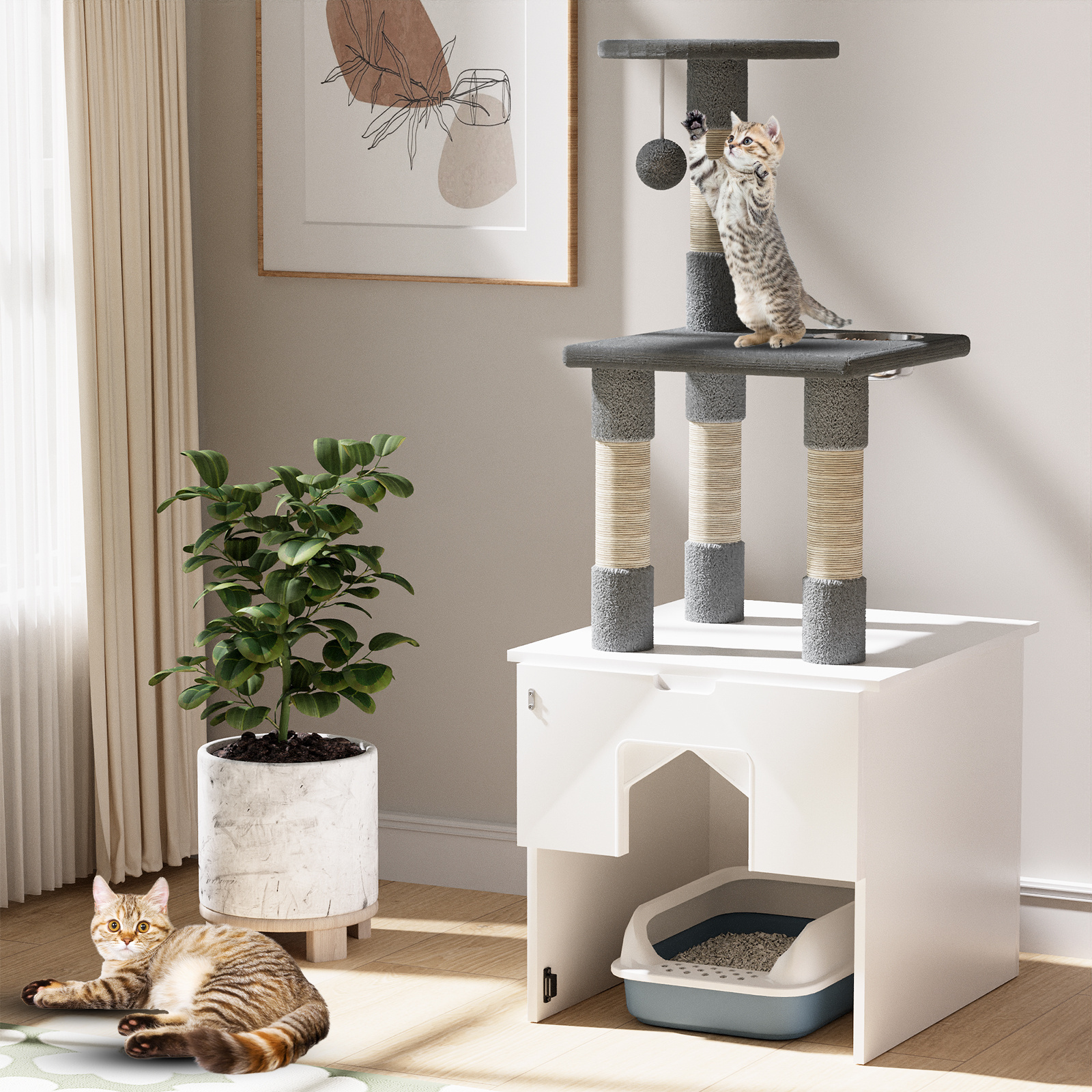 Cat Tree Cute Cat Tower with Padded Top Perch Comfy Hammock Private Condo Scratching Post with Ball for Indoor Cats