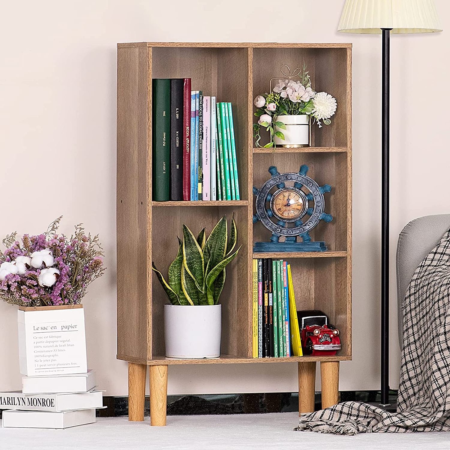 5 Cube Small 3 Tier Modern Wood Bookshelves Storage Organizer Free Standing Narrow Corner Bookcases