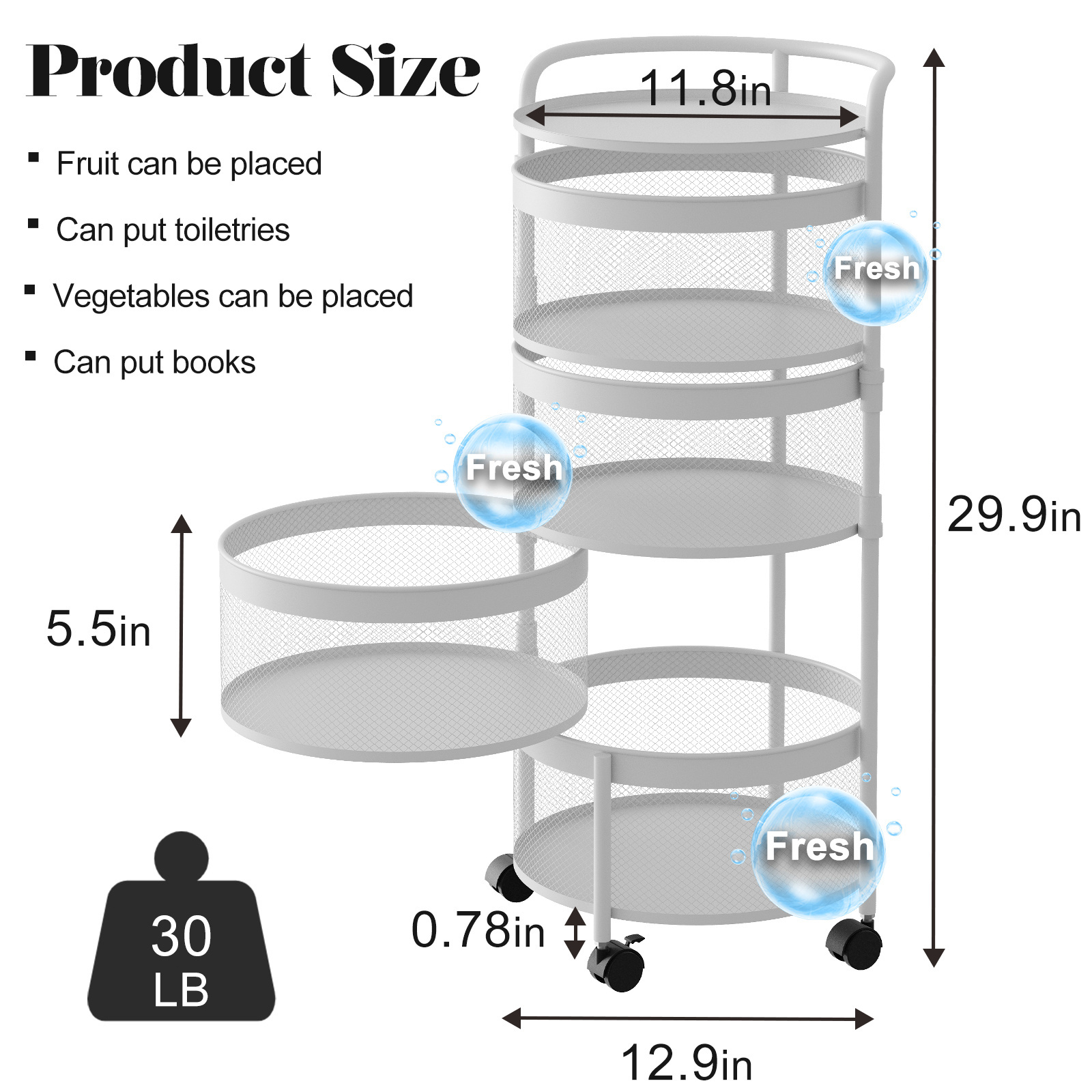 5 Tier Fruit Vegetable Storage Rack with Wheels Kitchen Storage Cart Space Saver White Rotating Storage Rack