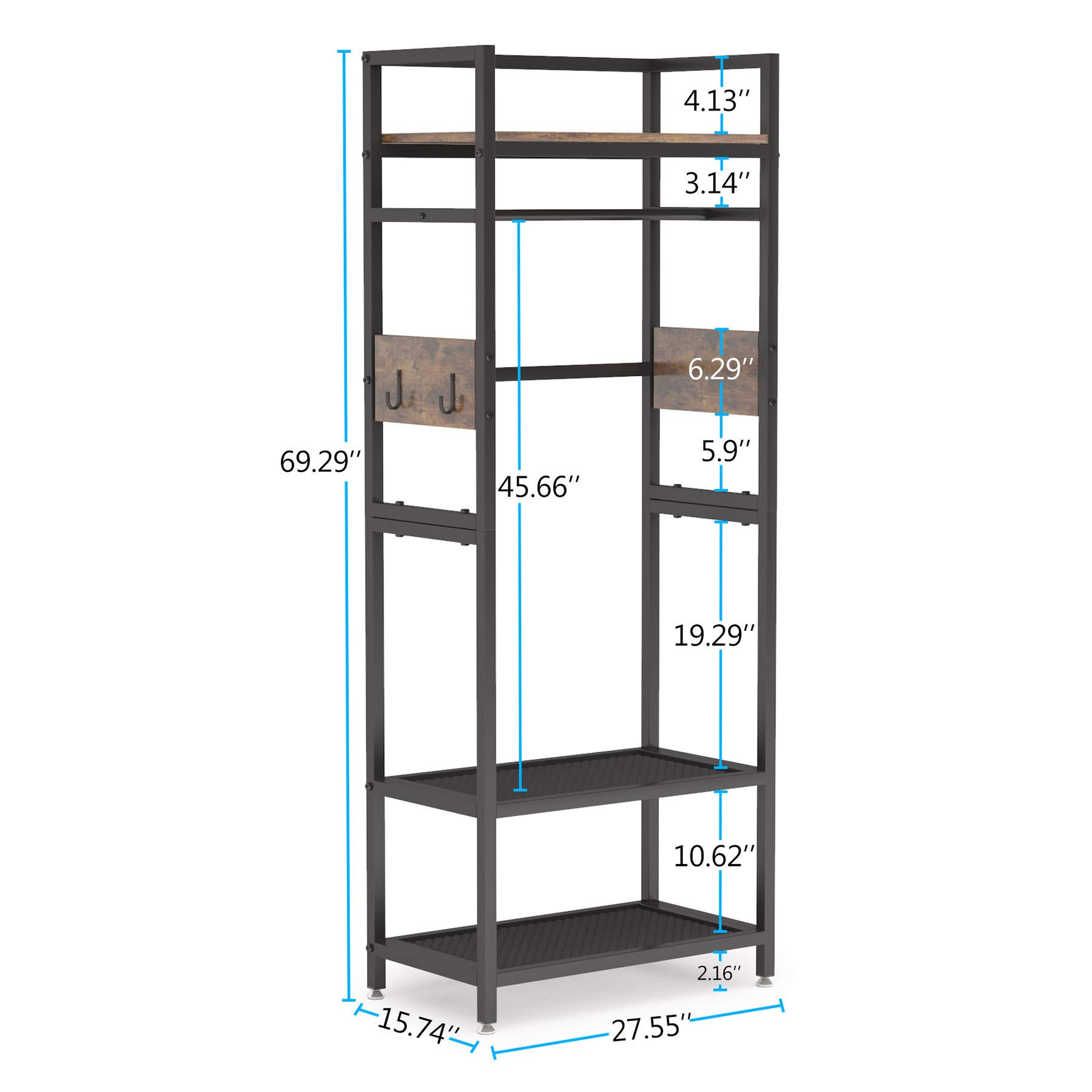 Coat Shoe Storage with Hooks Freestanding Organizer Clothes Rack Garments Shelf Wardrobe Black Closet with Shelf