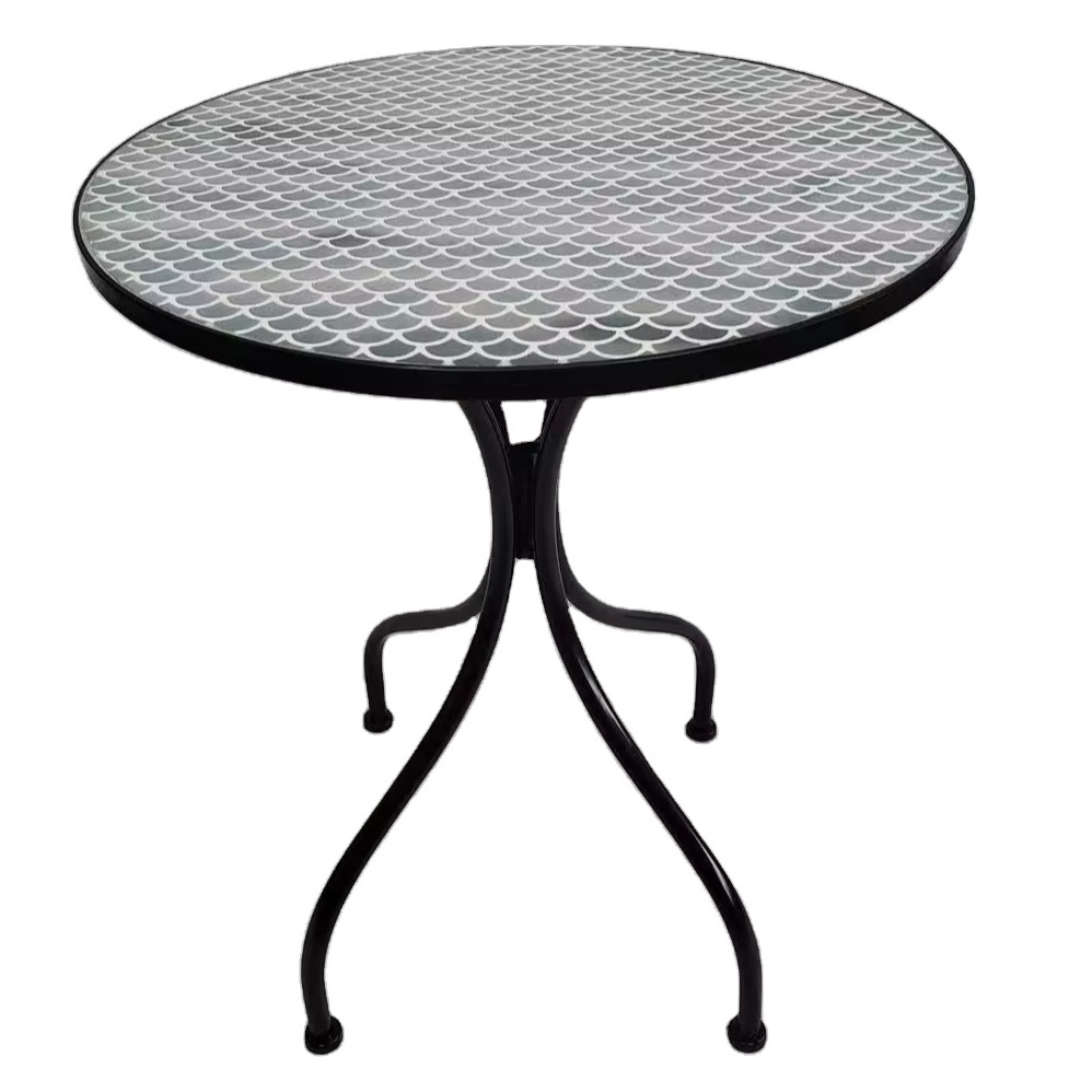 Mosaic Patio Table Outdoor Side Table Ceramic Tile Top Metal Round End Table for Yard Porch Balcony Garden