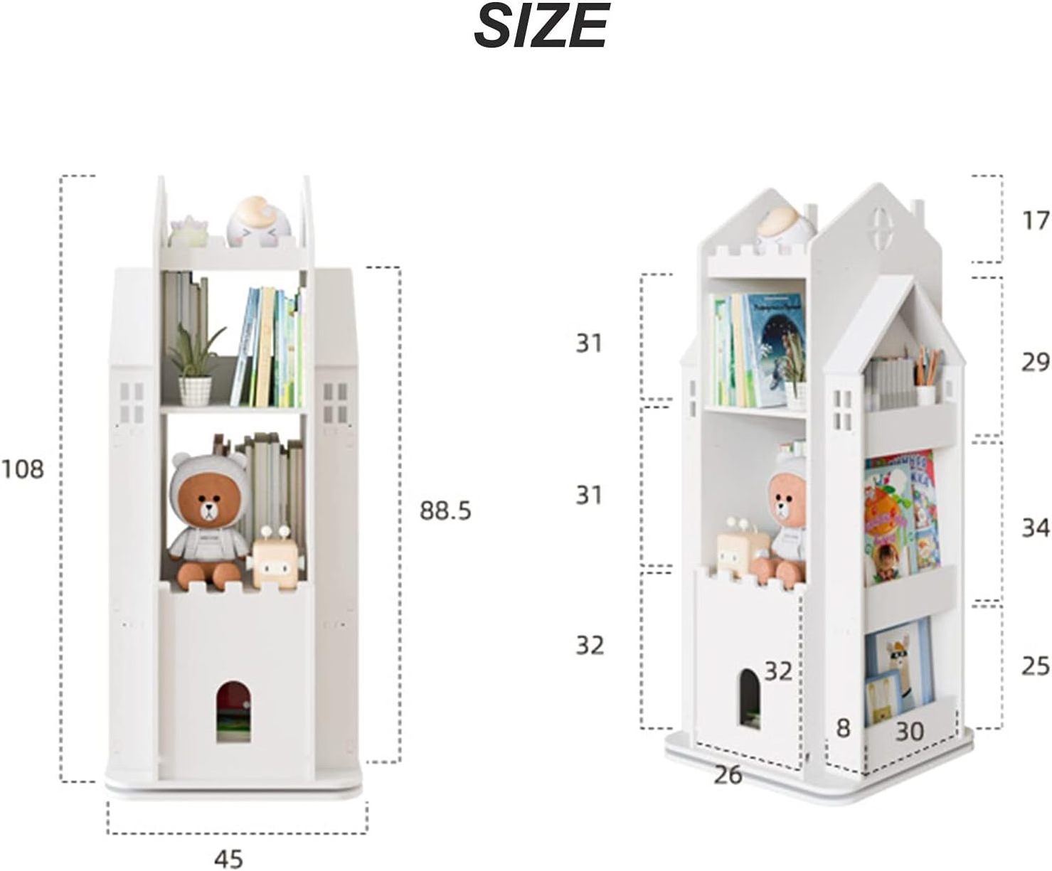 Revolving Bookcase Children Bookshelf Multi Functional Floor Standing Book Storage Rack Organizer White Bookcase