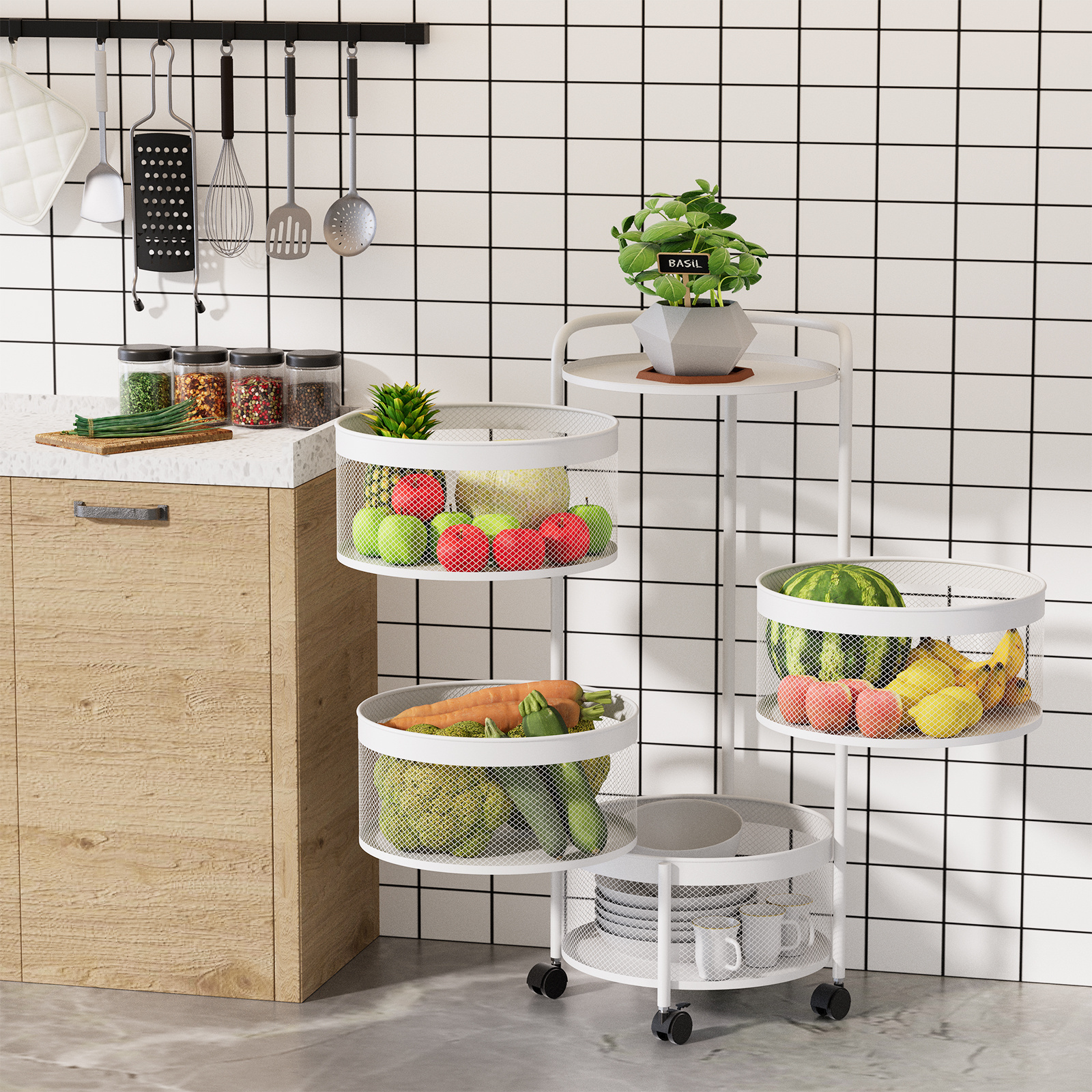 5 Tier Fruit Vegetable Storage Rack with Wheels Kitchen Storage Cart Space Saver White Rotating Storage Rack