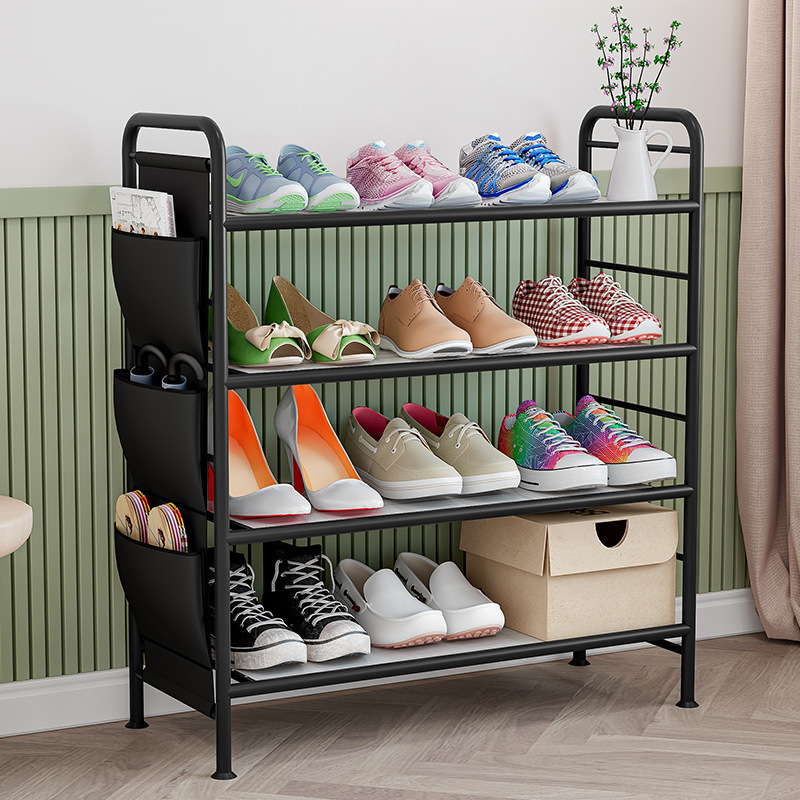 4 Tier Free Standing Metal Storage Shelf Side Hanging Bag Closet Organizer Black Shoes Racks