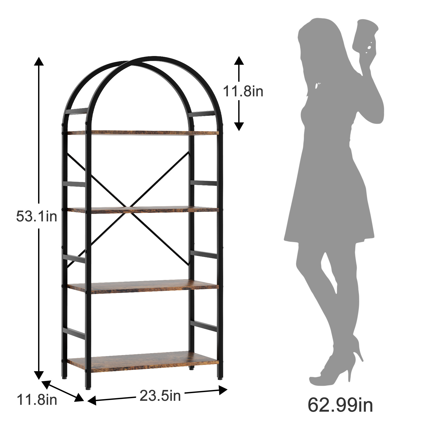 4 Tier Bookshelf Arched Bookcase Modern Standing Bookshelves Tall Display Racks Living RoomHome Office Metal Book Shelf