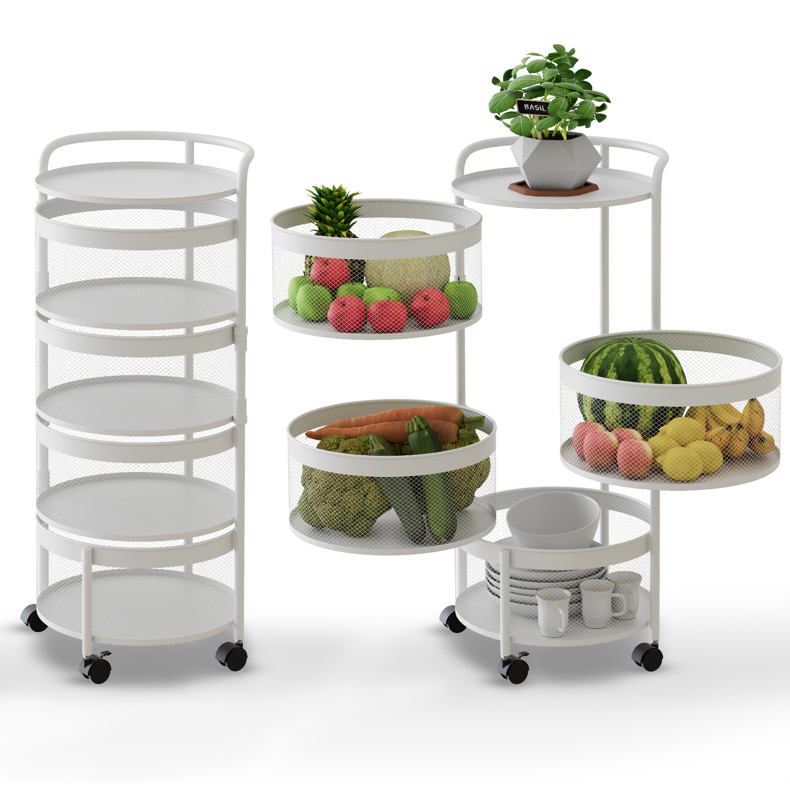 5 Tier Fruit Vegetable Storage Rack with Wheels Kitchen Storage Cart Space Saver White Rotating Storage Rack