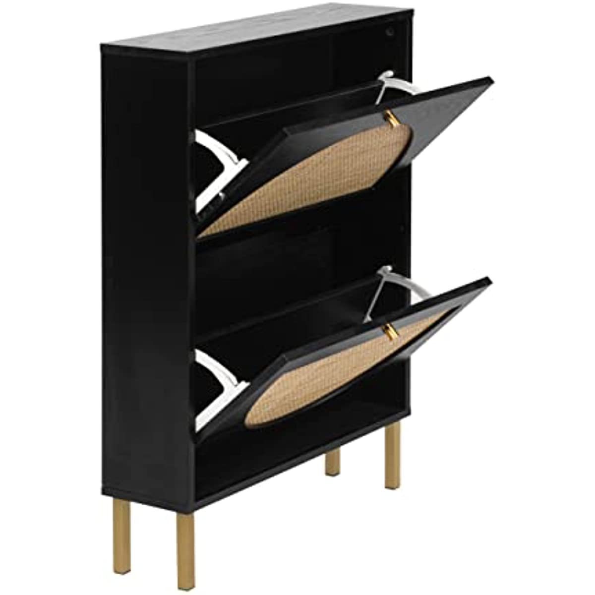 Natural Rattan Flip Drawers Black Free Standing Storage with Metal Legs Shoe Organizers Rattan Shoe Rack Cabinet