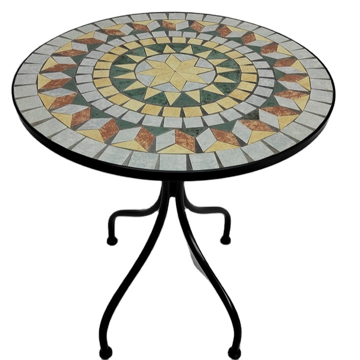 Outdoor Side Table Mosaic Round End Table with Ceramic Tile Top for Patio Porch Outdoor Small Coffee Table for Home Garden