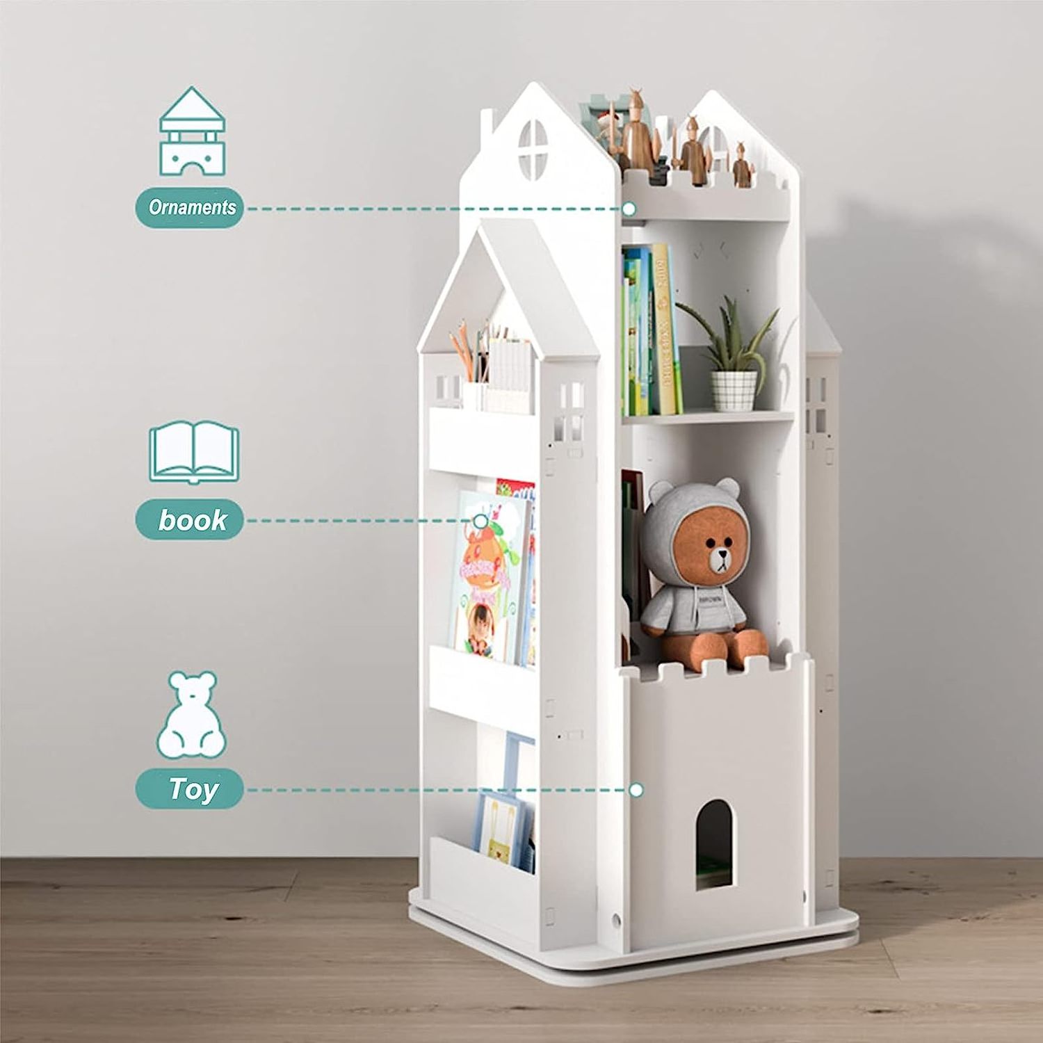 Revolving Bookcase Children Bookshelf Multi Functional Floor Standing Book Storage Rack Organizer White Bookcase