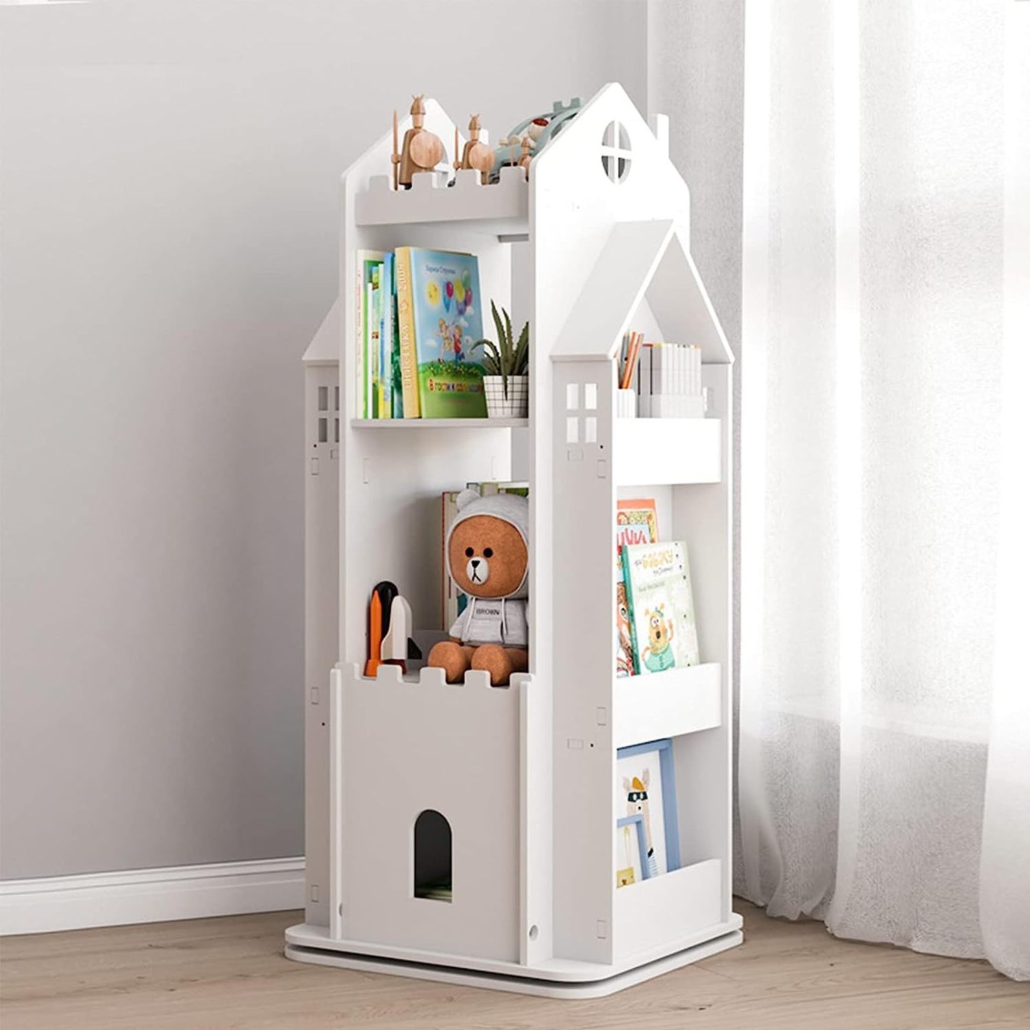 Revolving Bookcase Children Bookshelf Multi Functional Floor Standing Book Storage Rack Organizer White Bookcase