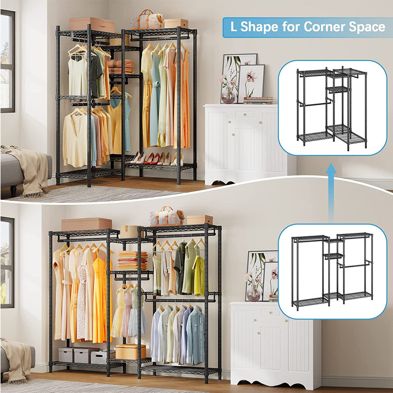 Freestanding Closet Organizer Black Clothes Rack with Shelves Hanging Storage Organizer Cloakroom Bedroom Metal Clothes Rack