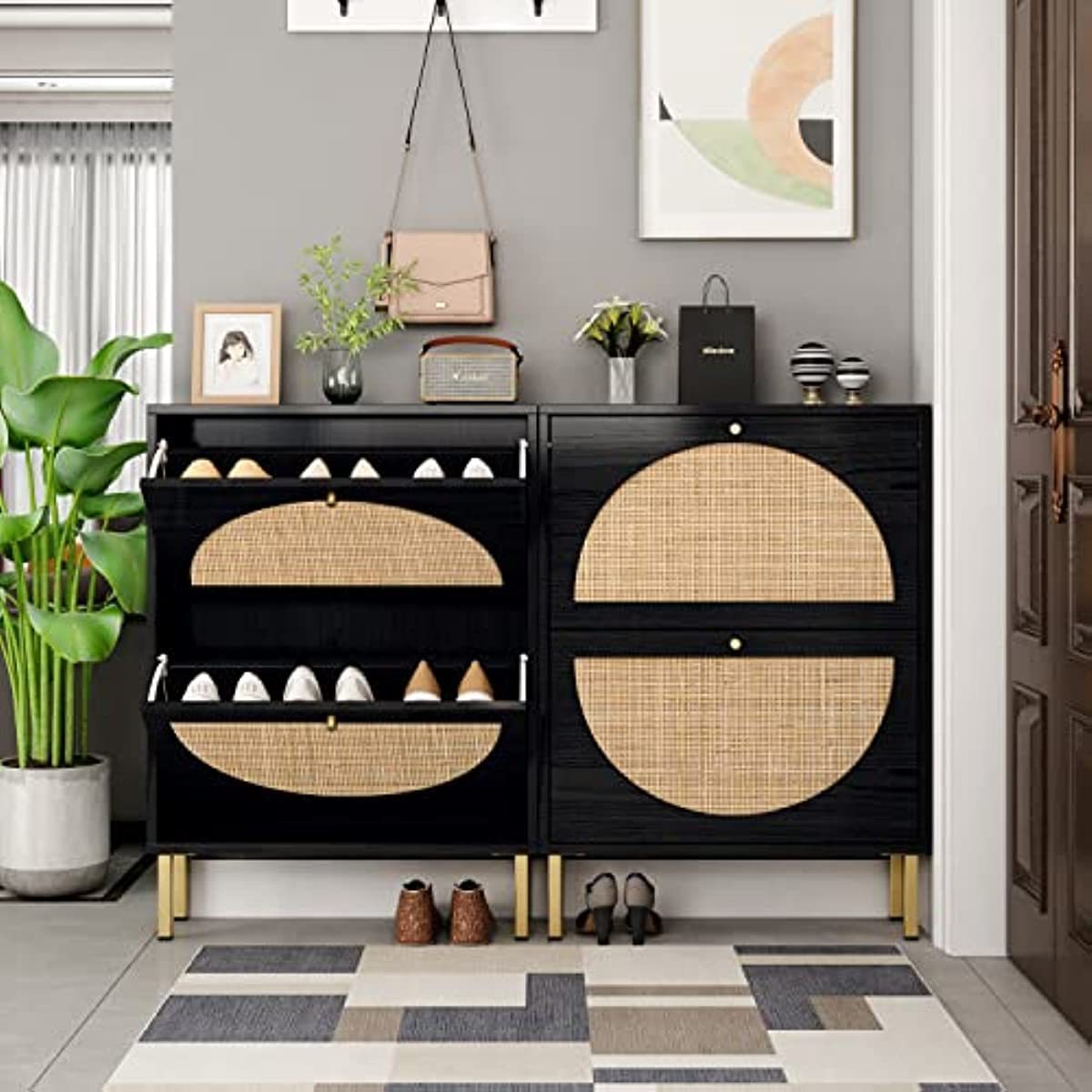 Natural Rattan Flip Drawers Black Free Standing Storage with Metal Legs Shoe Organizers Rattan Shoe Rack Cabinet