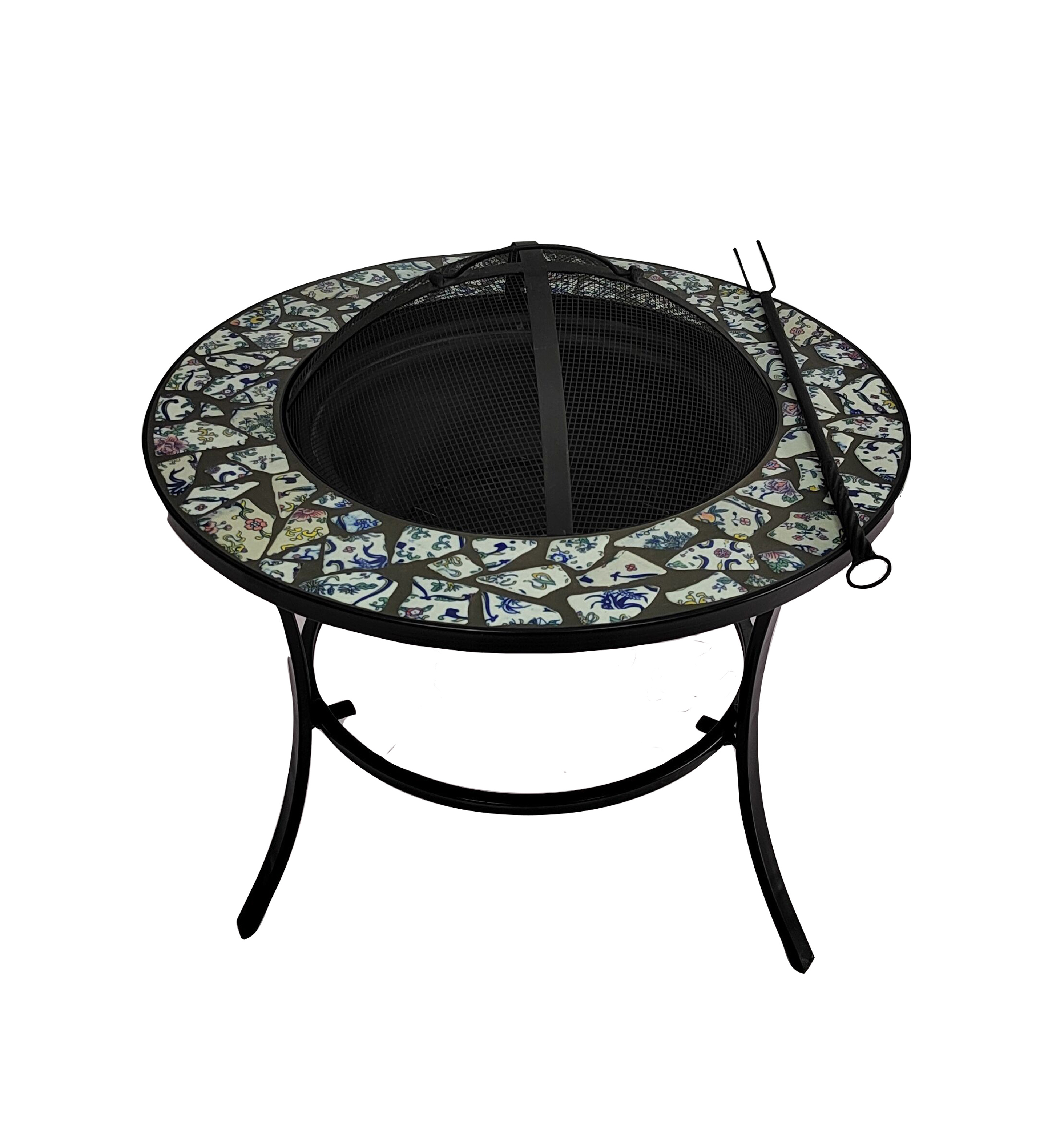 Round Fire Pit Wood Burning BBQ Grill Steel Firepit for Outdoor Camping Beach Bonfire Picnic Backyard Garden