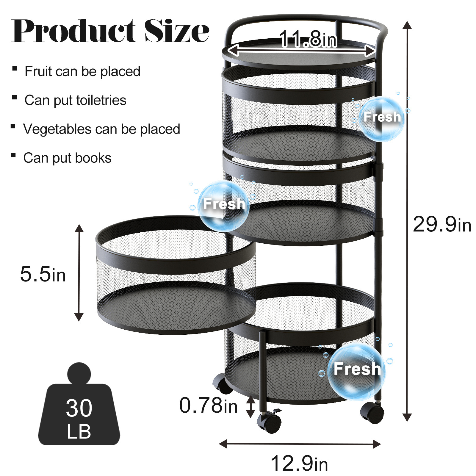 Black Fruit Vegetable Basket Bowls Holder 5 Tier Rotating Storage Rack Cart Wire Basket Organizer with Wheels Kitchen Rack