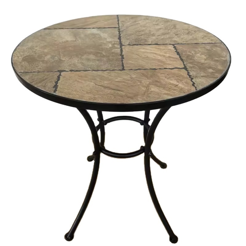 Small Outdoor Bistro Table with Marble Tiles Design Table Top Metal Stand Indoor Outdoor Table Set