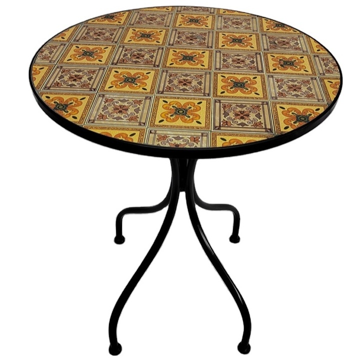 Outdoor Side Table Mosaic Round End Table with Ceramic Tile Top for Patio Porch Outdoor Small Coffee Table for Home Garden