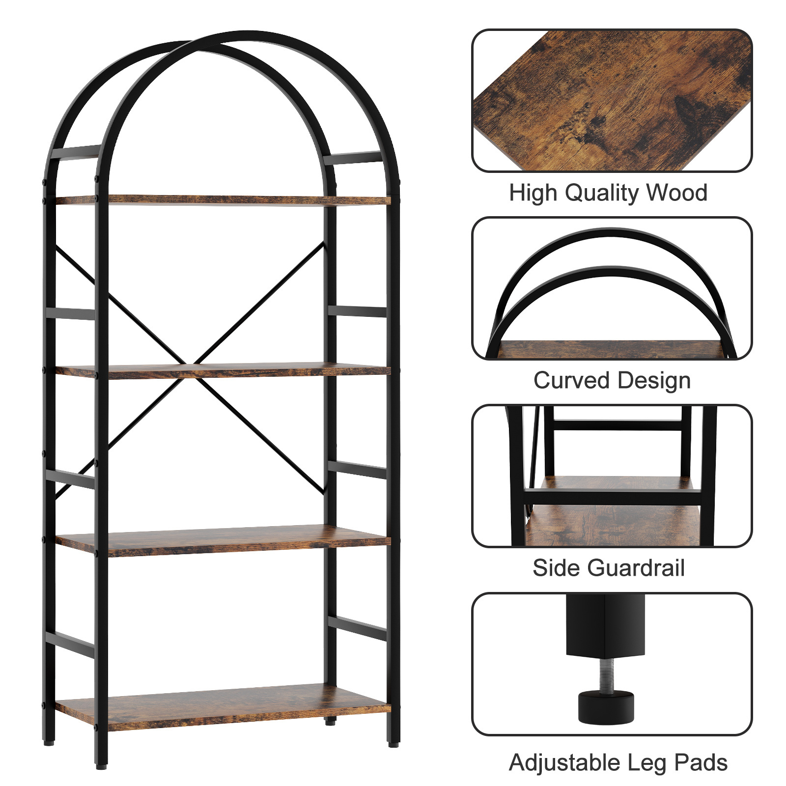 4 Tier Bookshelf Arched Bookcase Modern Standing Bookshelves Tall Display Racks Living RoomHome Office Metal Book Shelf