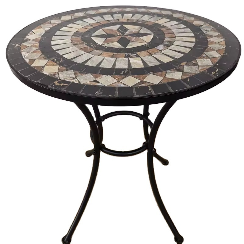 Small Outdoor Bistro Table with Marble Tiles Design Table Top Metal Stand Indoor Outdoor Table Set