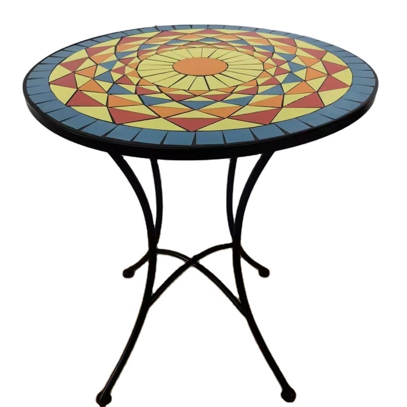 Colorful Round Mosaic Bistro Table Iron Frame Tile Tabletop Balcony Garden Table