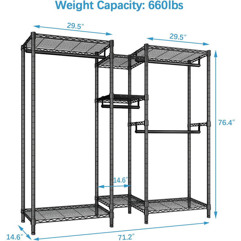 Freestanding Closet Organizer Black Clothes Rack with Shelves Hanging Storage Organizer Cloakroom Bedroom Metal Clothes Rack